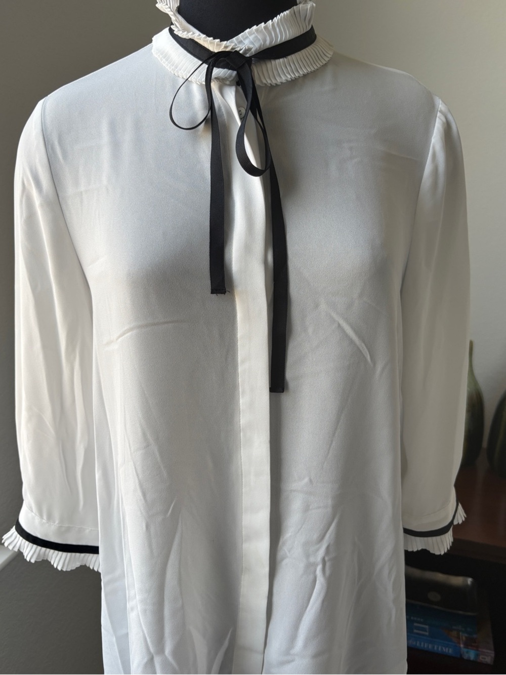 White Ruffle Collar Zara Blouse with Black Ribbon Tie